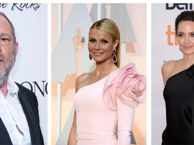 Mix de fotografías de arquivo que mostram o produtor Weinstein e as atrizes Gwyneth Paltrow (centro) e Angelina Jolie