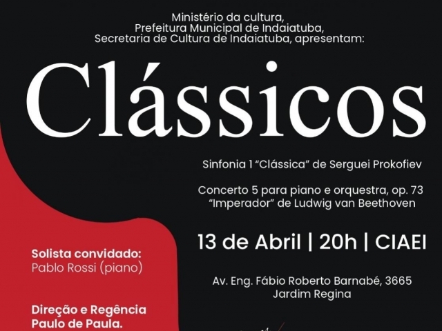 Concerto “Clássicos” acontece no dia 13 de abril