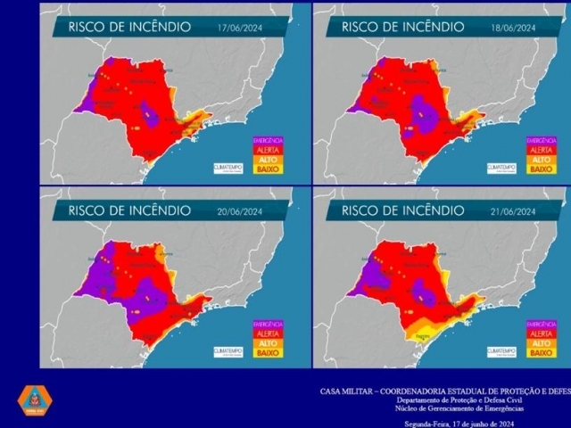 Mapa de Risco de Incêndio da Defesa Civil do Estado, divulgado nesta segunda-feira (17), mostra atual situação enfrentada em diversas regiões