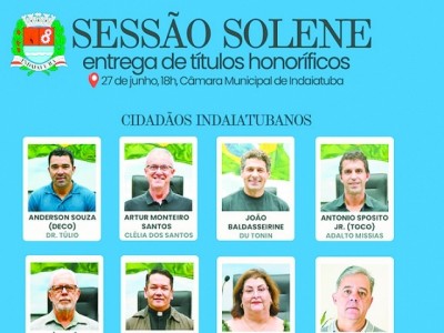 Sessão Solene homenageia 12 cidadãos no dia 27