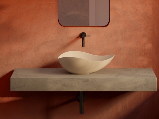 Cuba de apoio da Coleção Ohtake, na cor beige, ganha destaque no ambiente terracota l 