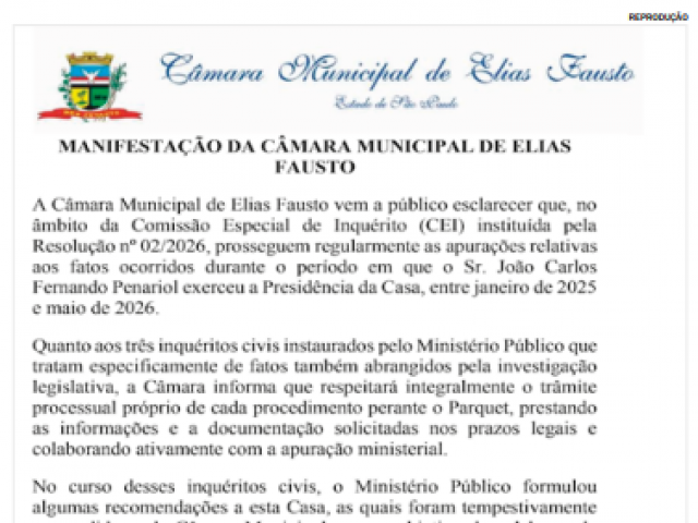 Ex-presidente da Câmara de Elias Fausto é investigado em três inquéritos civis do MP